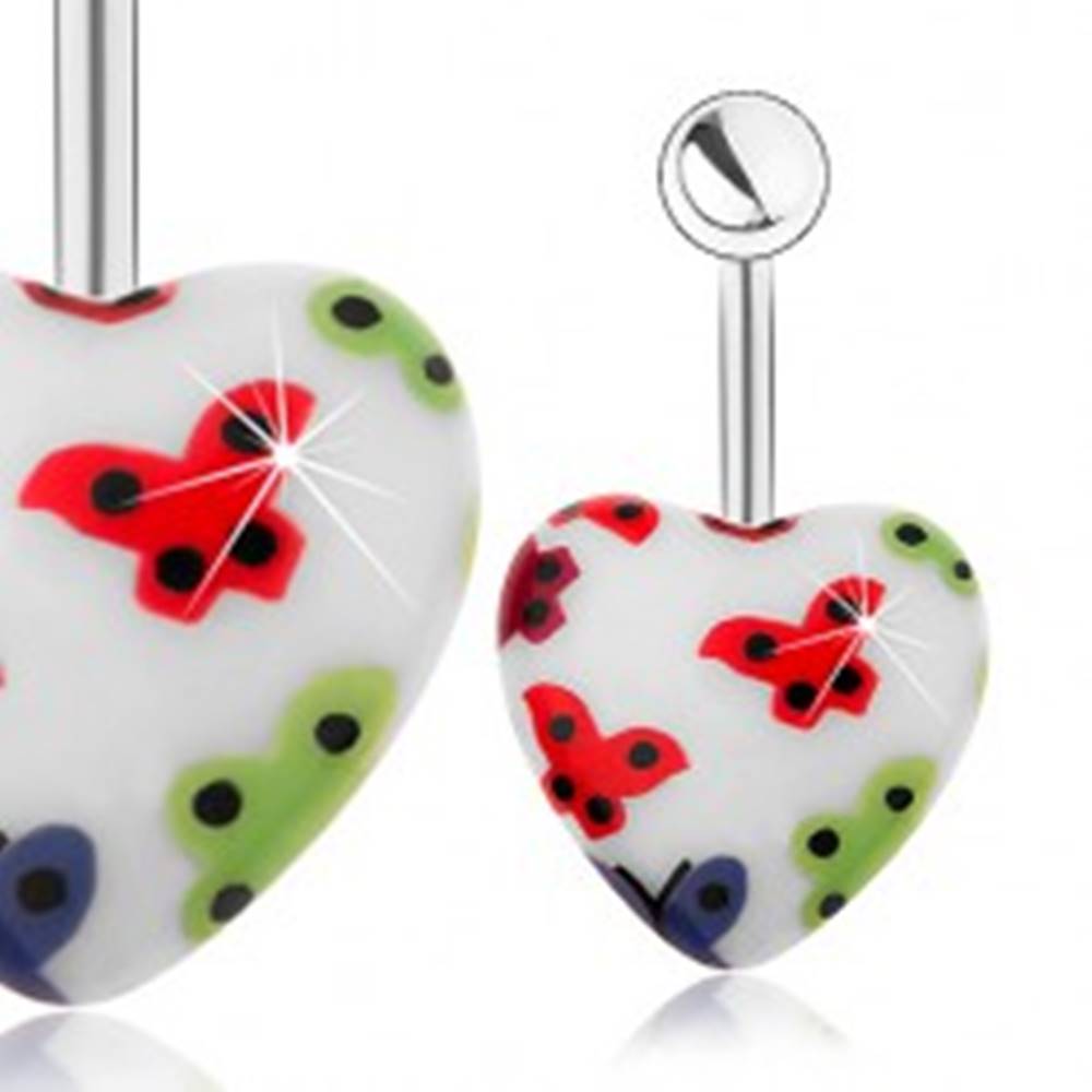 Šperky eshop Oceľový piercing do pupku, akrylové srdce - biely podklad, farebné motýliky