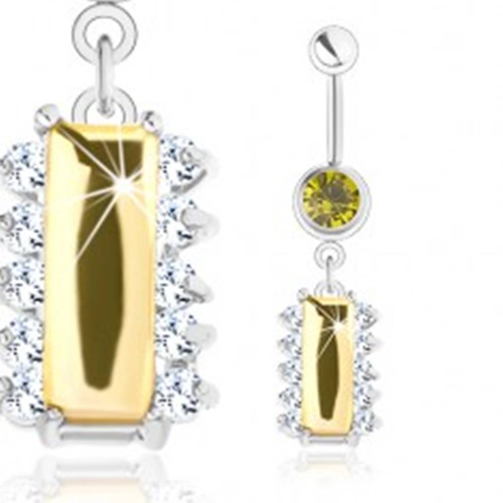Šperky eshop Oceľový piercing, strieborný odtieň, žltý zirkónový obdĺžnik, číre zirkóniky