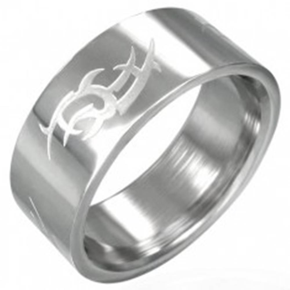 Šperky eshop Oceľový prsteň lesklý, matný Tribal symbol - Veľkosť: 53 mm