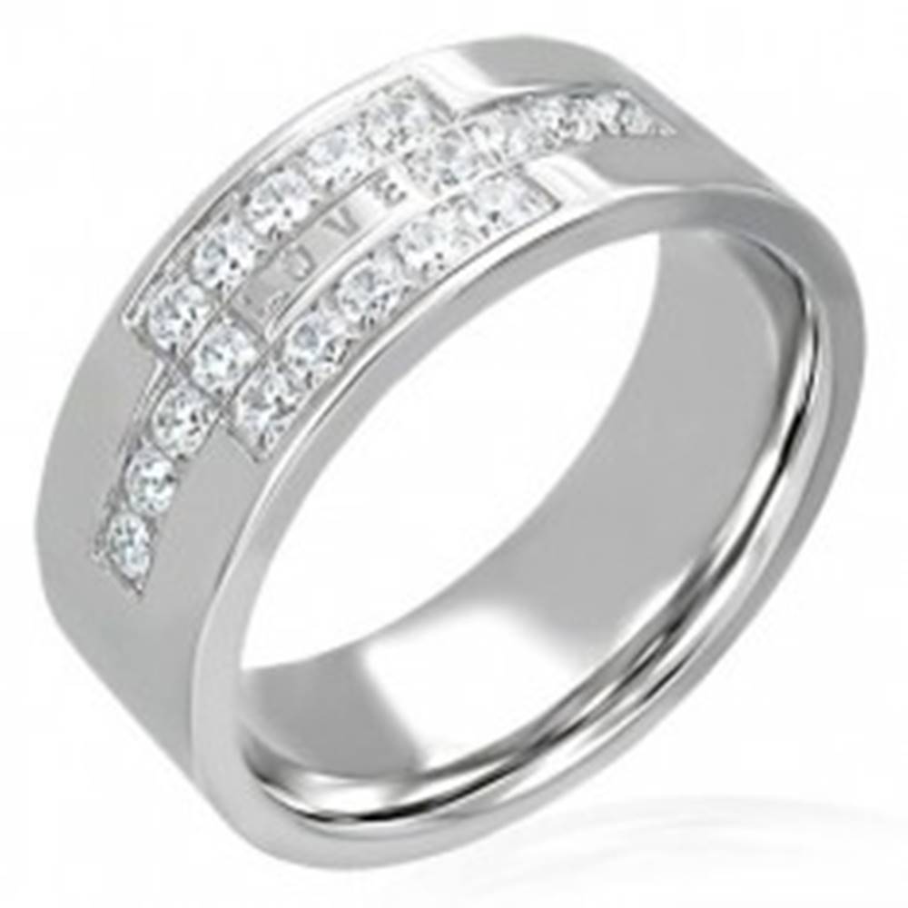 Šperky eshop Oceľový prsteň so zirkónmi a nápisom LOVE - Veľkosť: 49 mm