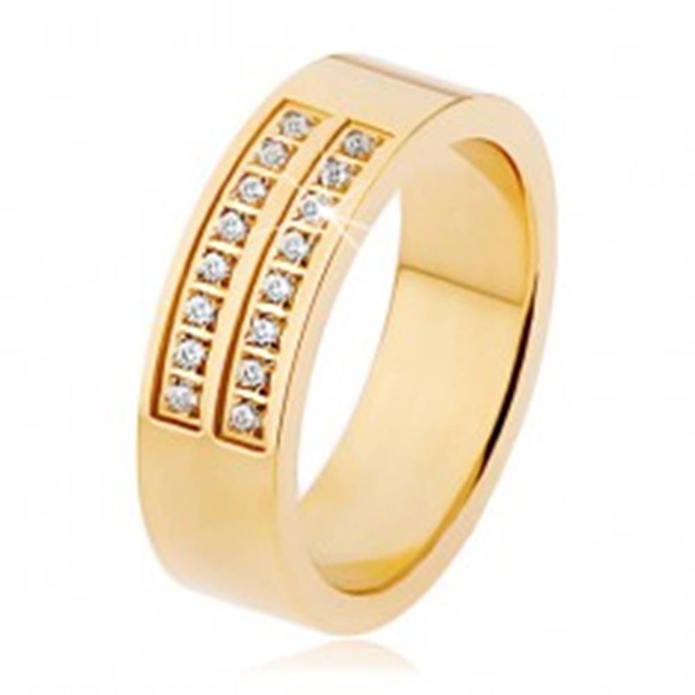 Šperky eshop Oceľový prsteň zlatej farby, dvojitá línia čírych zirkónov - Veľkosť: 53 mm