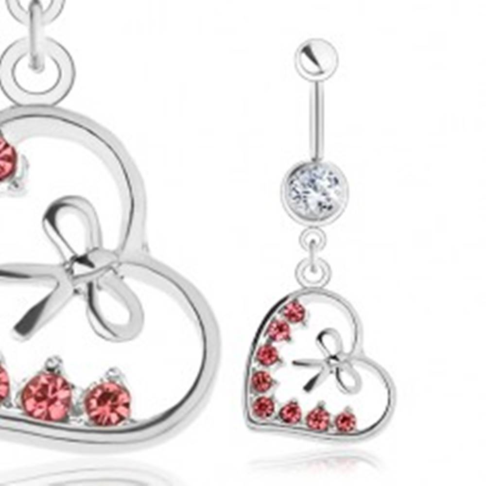 Šperky eshop Piercing do bruška, oceľ 316L, kontúra srdiečka, mašľa, ružové zirkóny