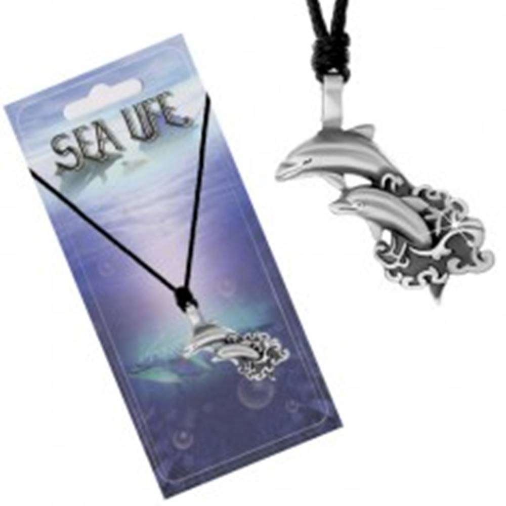 Šperky eshop Šnúrkový náhrdelník s príveskom dvoch delfínov vyskakujúcich z mora