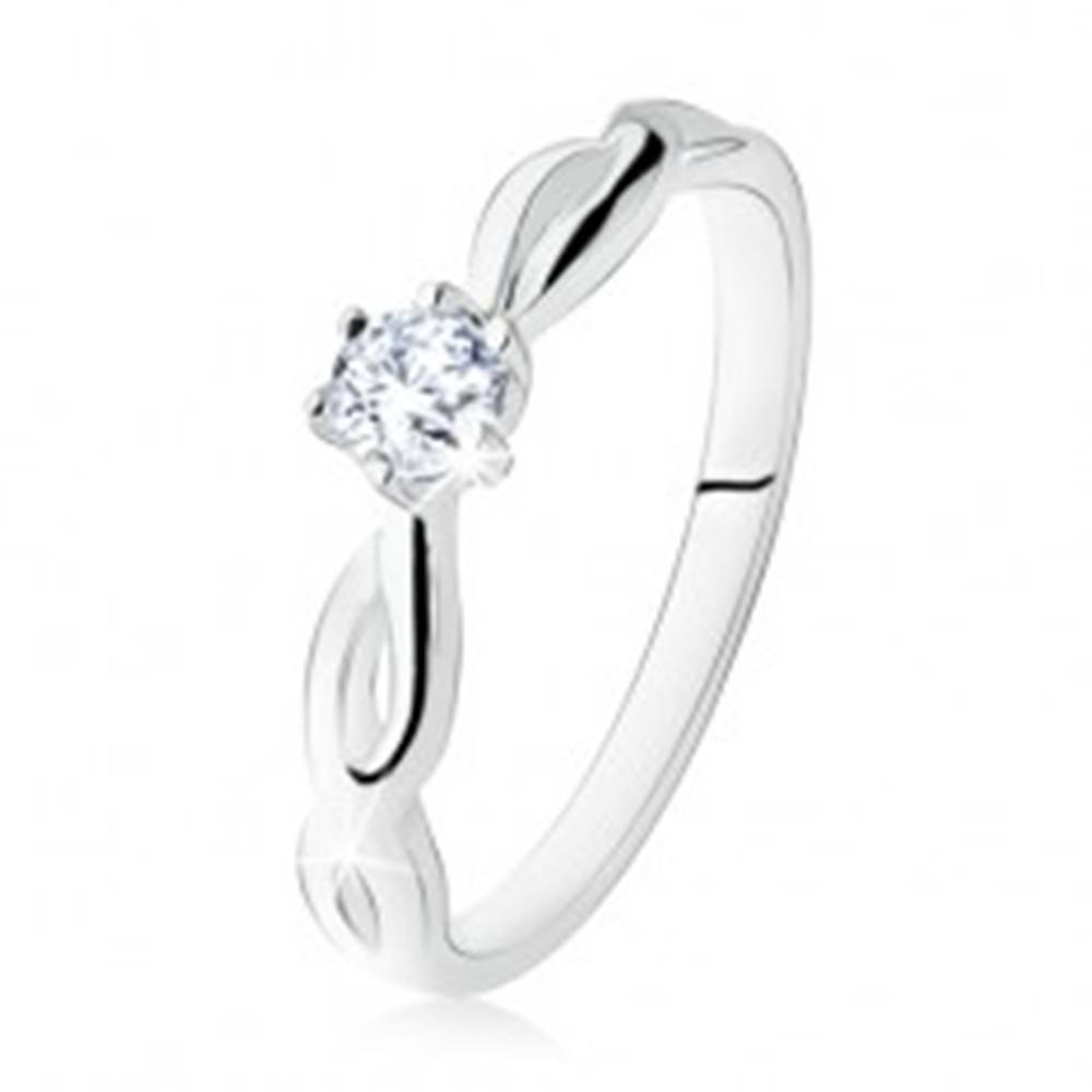 Šperky eshop Strieborný prsteň 925, zásnubný, číry kamienok, špirálovité ramená - Veľkosť: 49 mm