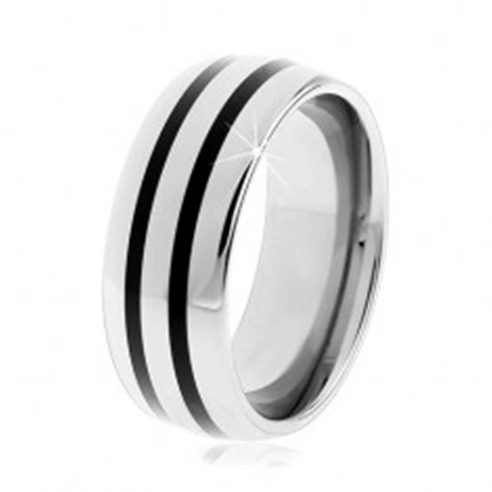 Šperky eshop Tungstenový hladký prsteň, jemne vypuklý, lesklý povrch, dva čierne pruhy - Veľkosť: 49 mm