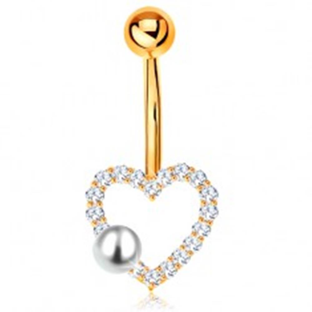 Šperky eshop Zlatý 375 piercing do bruška - banán s guľôčkou, zirkónový obrys srdiečka, perla