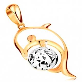 Zlatý 14K prívesok - kontúra delfína, lopta z bieleho zlata zdobená zárezmi