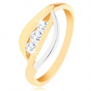 Zlatý prsteň 375 - dvojfarebné zvlnené línie, tri okrúhle zirkóny čírej farby - Veľkosť: 49 mm