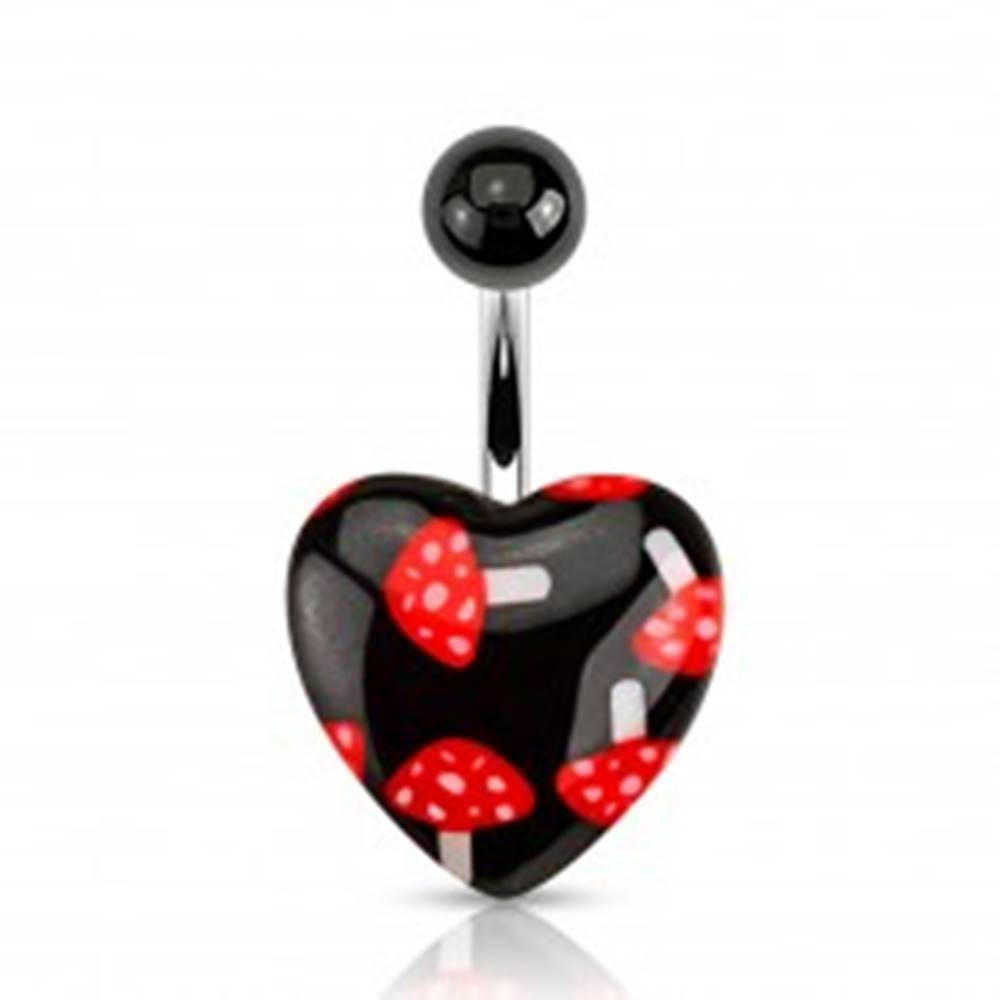 Šperky eshop Čierny piercing do bruška z ocele, gulička, srdce - červené muchotrávky