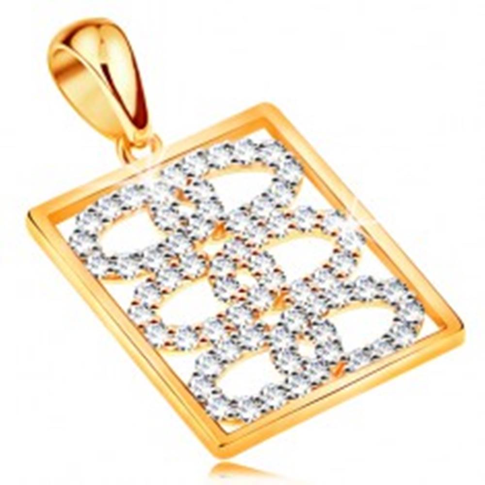 Šperky eshop Ligotavý prívesok zo žltého 14K zlata - prepojené zirkónové obruče v obdĺžniku