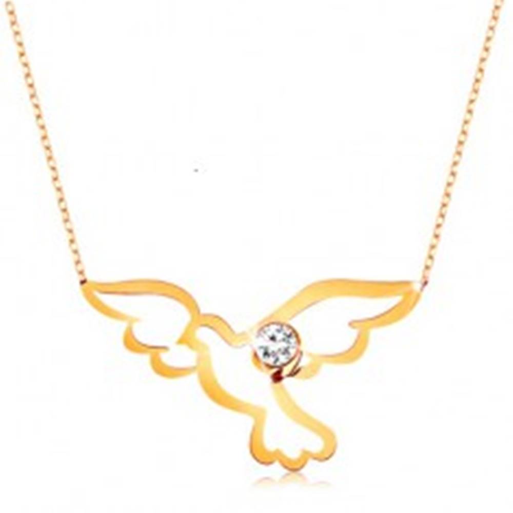 Šperky eshop Náhrdelník v žltom 9K zlate - lesklý symbol holubice s čírym zirkónikom, retiazka