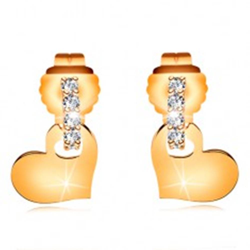 Šperky eshop Náušnice zo žltého 14K zlata - číry zirkónový oblúk, lesklé ploché srdiečko