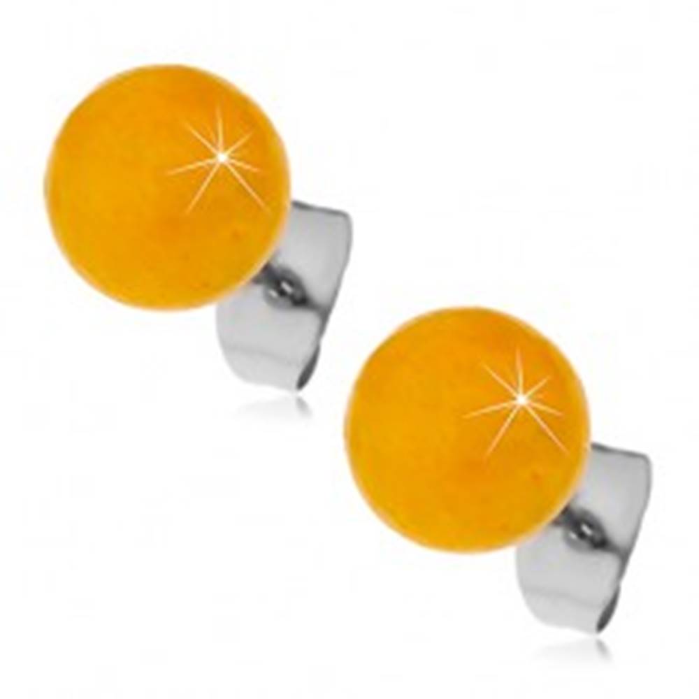 Šperky eshop Oceľové puzetové náušnice, žltooranžové guličky, 8 mm
