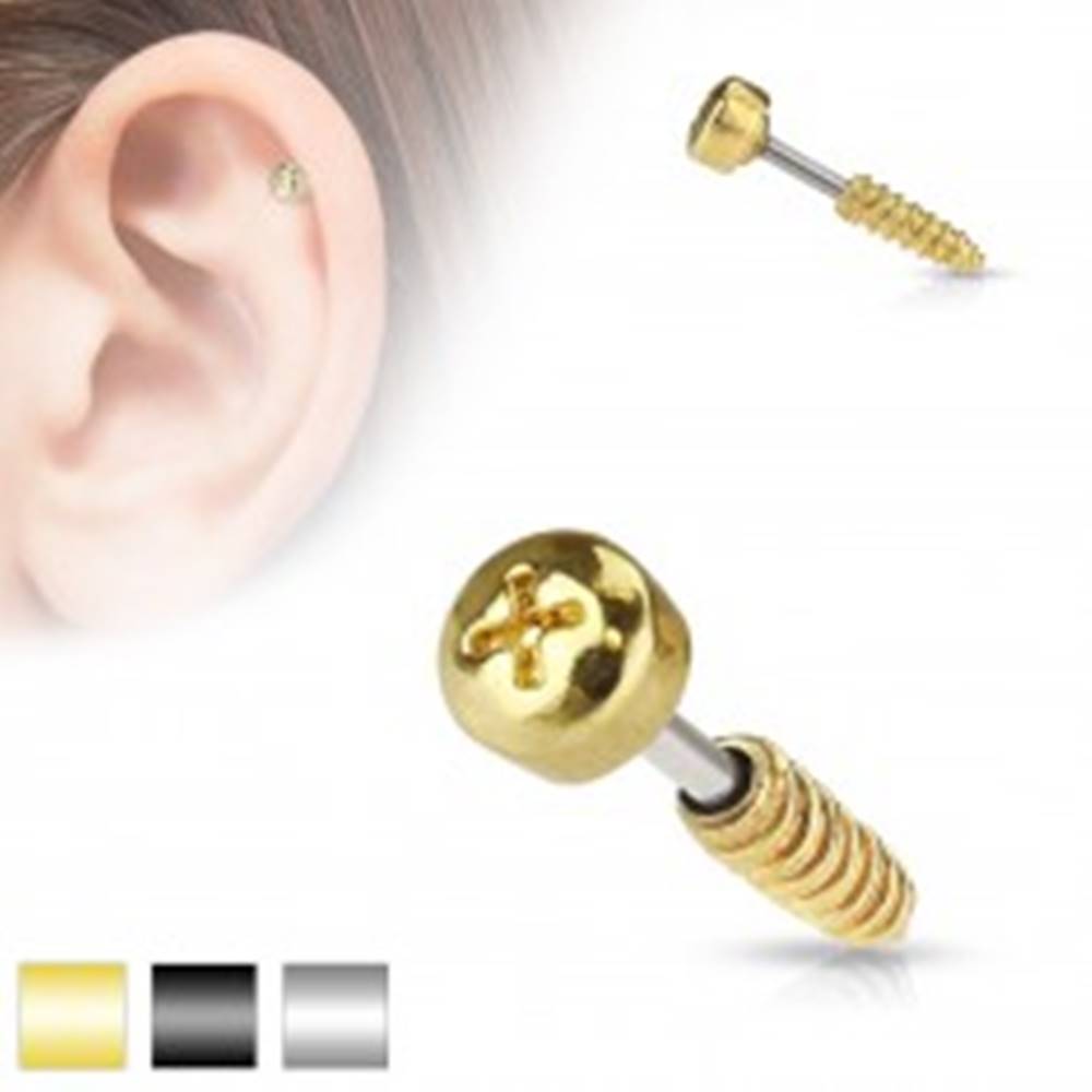 Šperky eshop Oceľový piercing do tragusu ucha - imitácia skrutky, rôzne farby - Farba piercing: Čierna