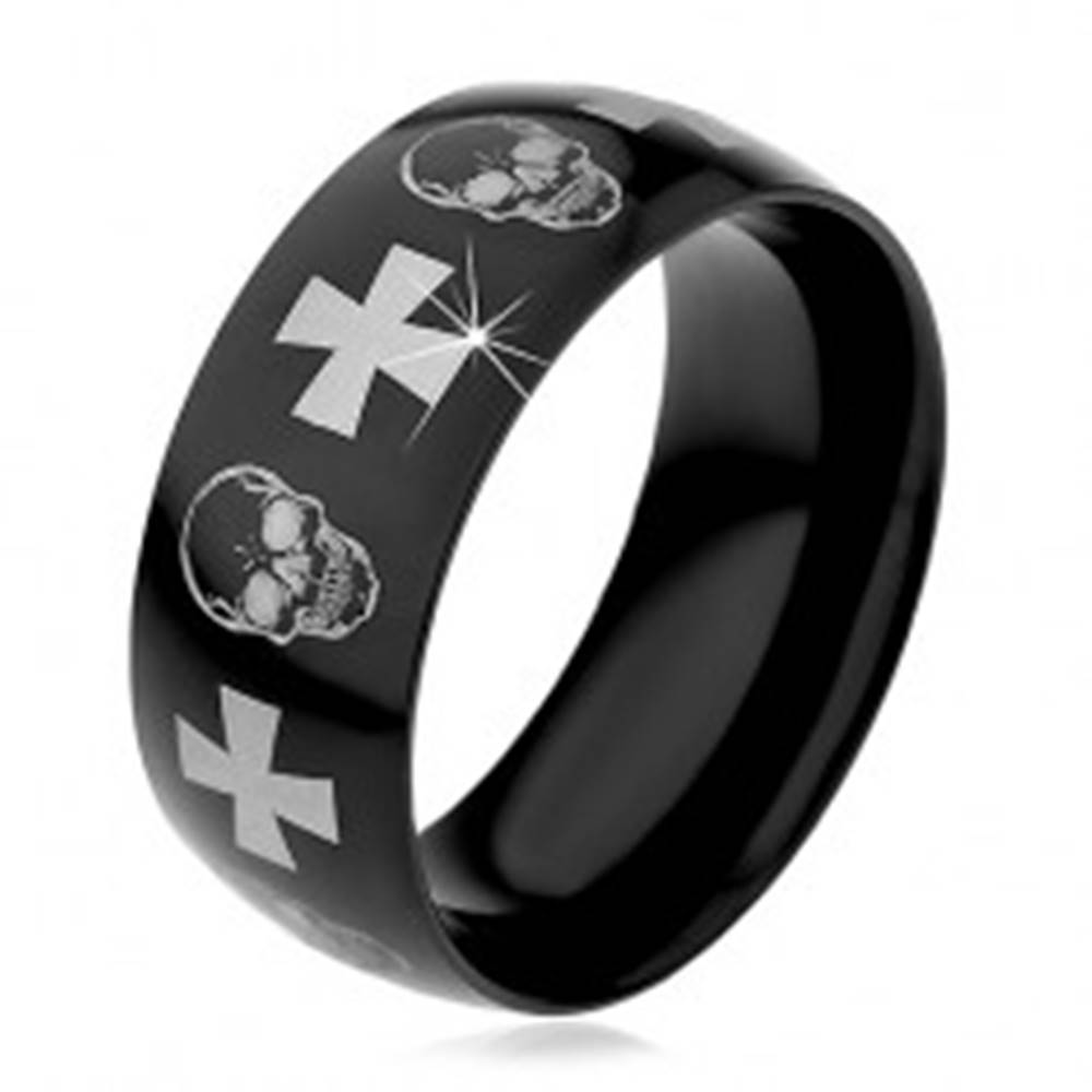 Šperky eshop Oceľový prsteň s čiernym povrchom, lebky a kríže striebornej farby, 9 mm - Veľkosť: 59 mm