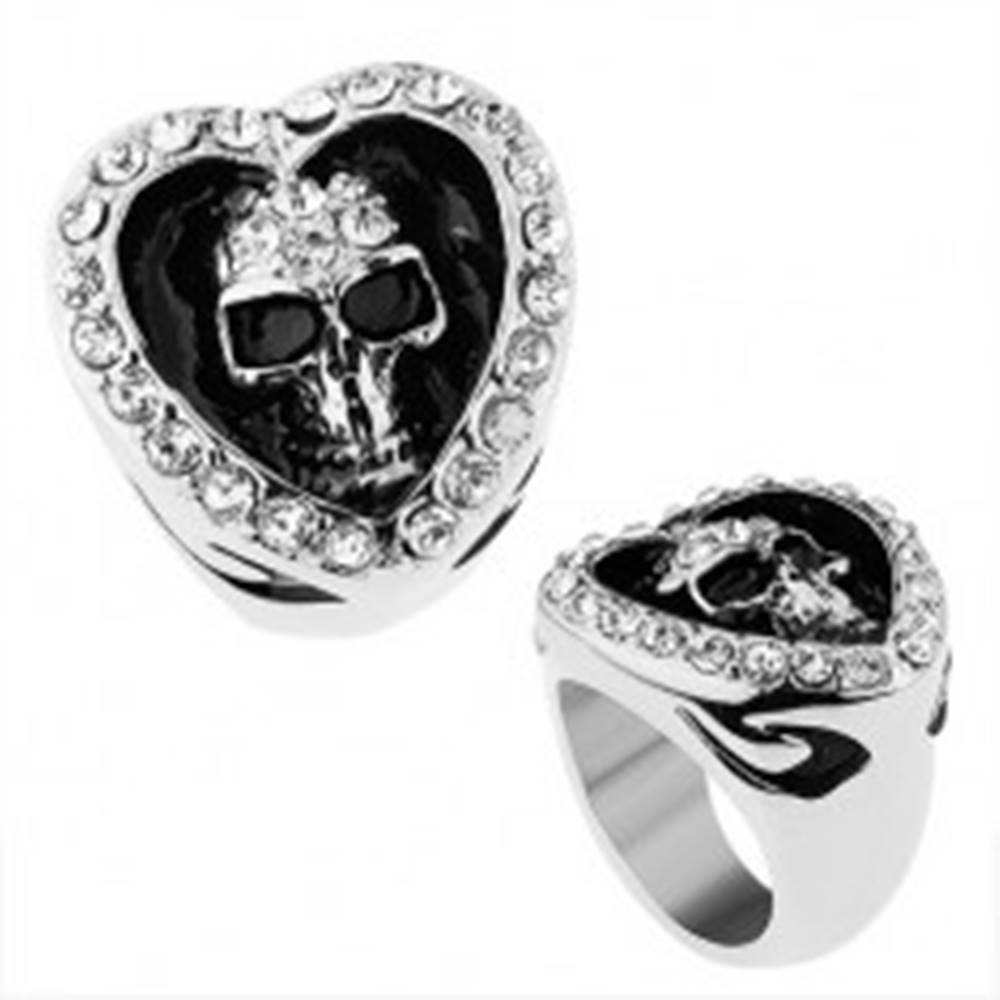 Šperky eshop Prsteň z chirurgickej ocele, srdce zdobené čírymi zirkónmi, patinovaná lebka - Veľkosť: 56 mm