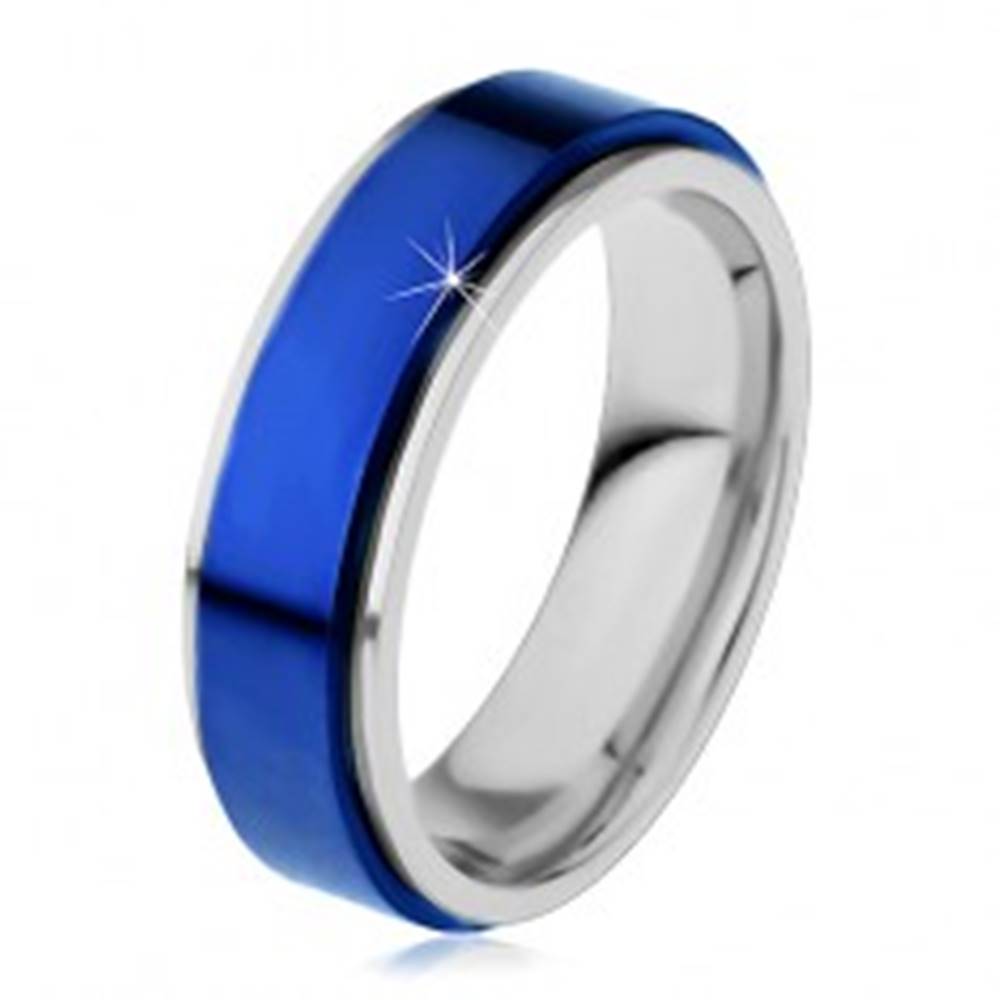 Šperky eshop Prsteň z ocele 316L, modrý vyvýšený pás, okraje striebornej farby - Veľkosť: 54 mm