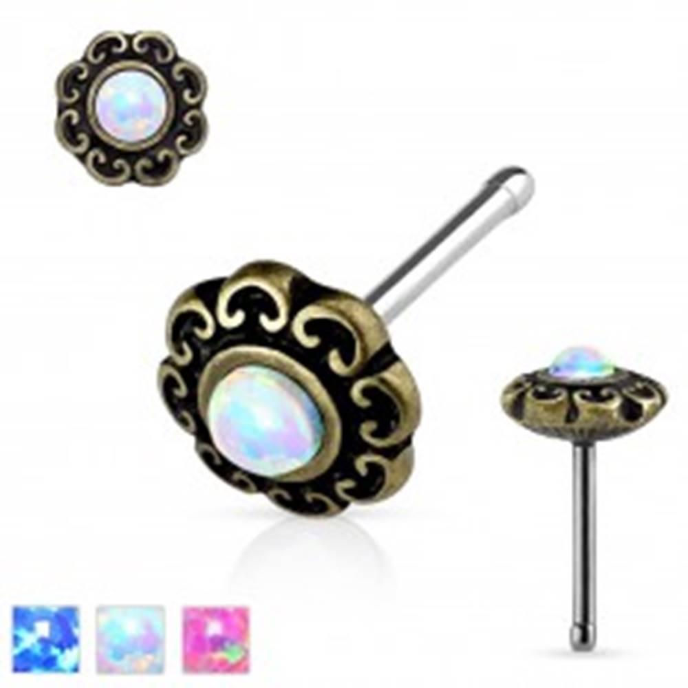 Šperky eshop Rovný piercing do nosa z ocele 316L, patinovaný kvet so syntetickým opálom - Farba: Biela