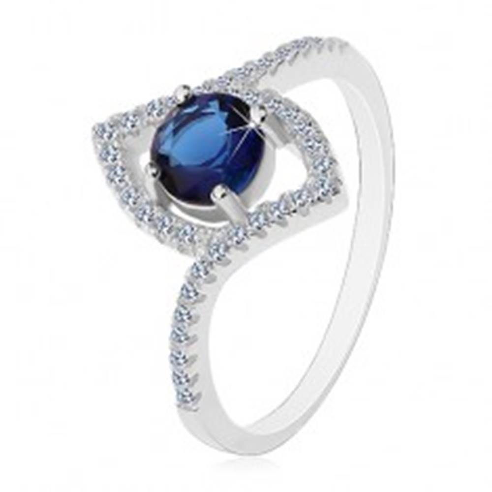 Šperky eshop Strieborný prsteň 925, tmavomodrý okrúhly zirkón, obrys špicatého zrnka - Veľkosť: 57 mm