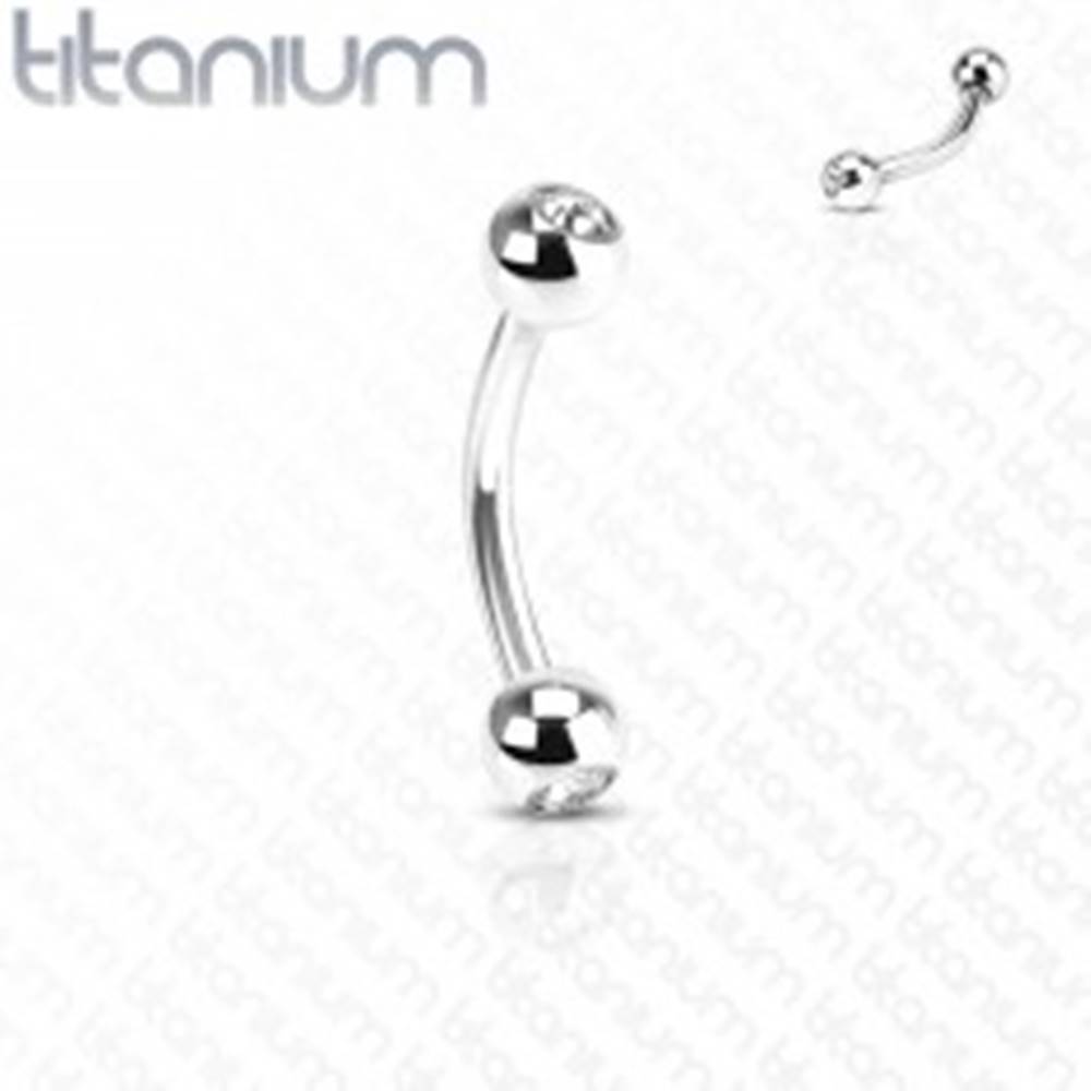 Šperky eshop Titánový piercing striebornej farby, zahnutá činka a guľôčky s čírymi zirkónmi - Rozmer: 1,2 mm x 12 mm x 3 mm