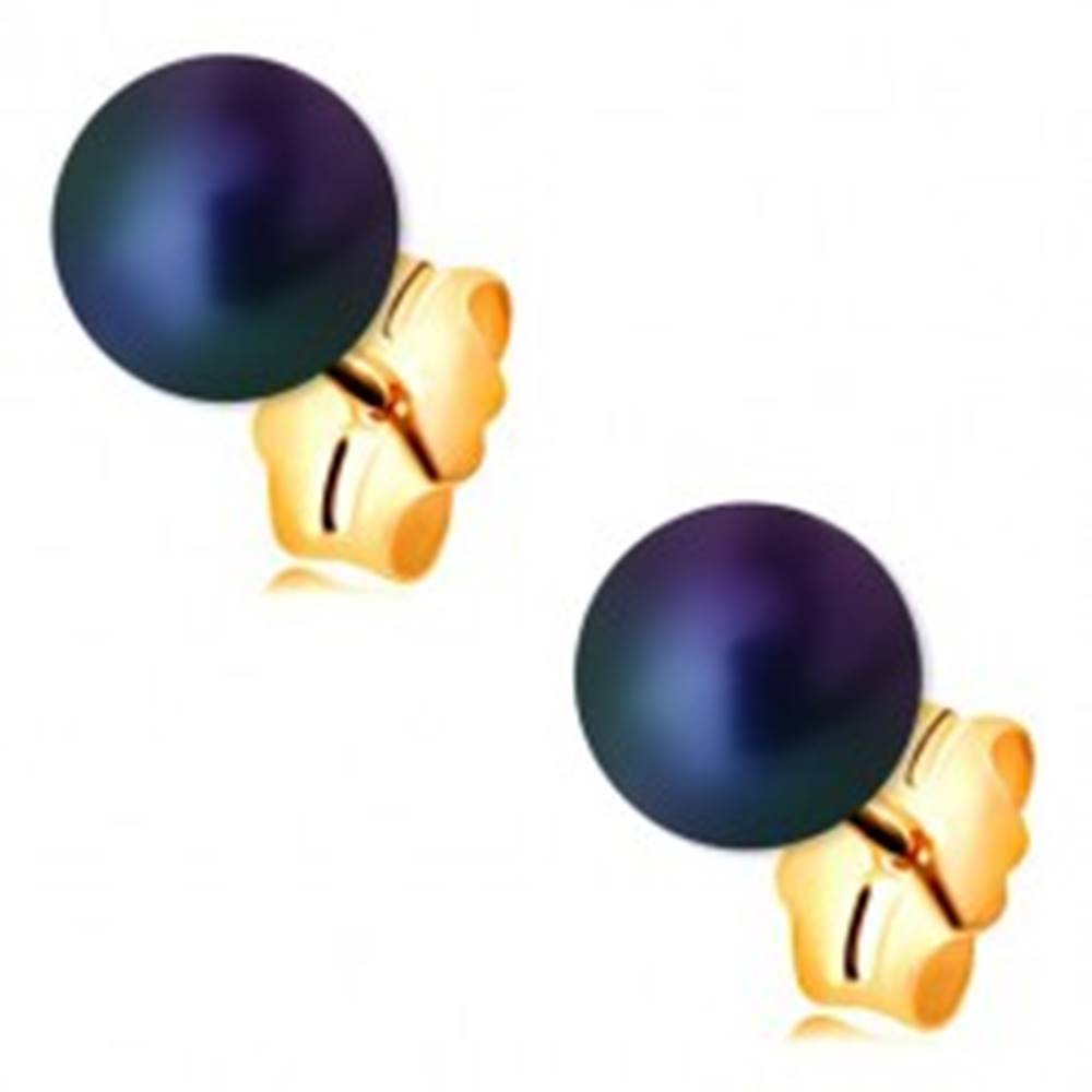 Šperky eshop Zlaté náušnice 585 - guľatá perla s farebným odleskom, puzetové zapínanie