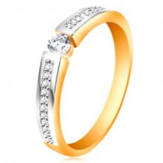 Zlatý 14K prsteň s lesklými dvojfarebnými ramenami, číre zirkóny - Veľkosť: 48 mm