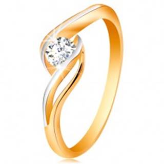 Zlatý prsteň 585 - číry zirkón, dvojfarebné, rozdelené a zvlnené ramená - Veľkosť: 49 mm