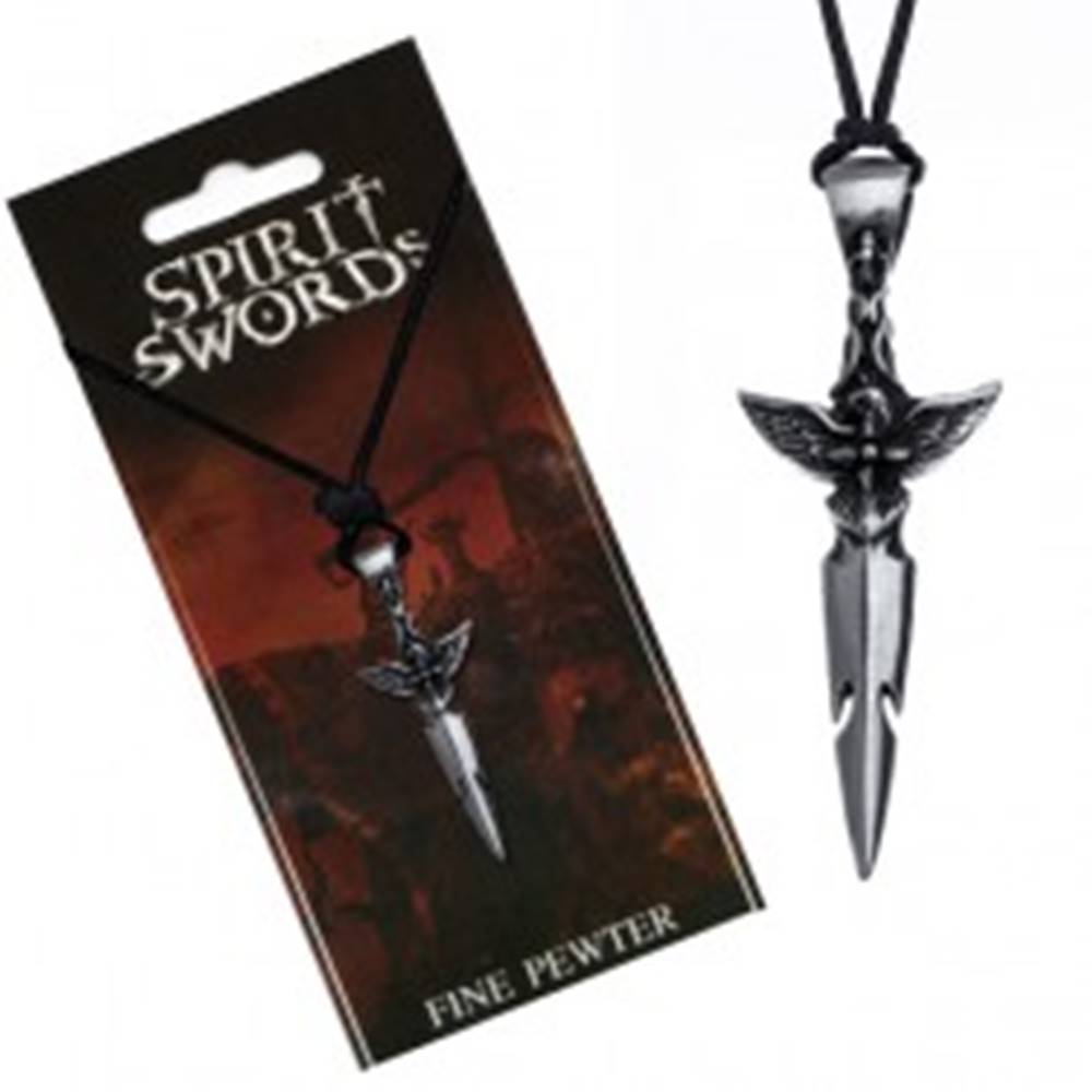 Šperky eshop Čierny náhrdelník - striebristý meč, vták na rukoväti, šnúrka