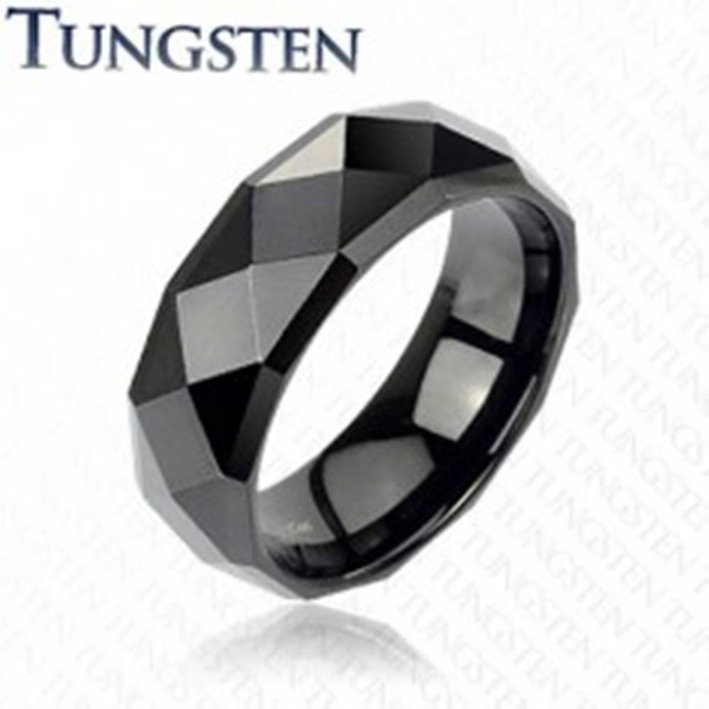Šperky eshop Čierny tungstenový prsteň s brúsenými kosoštvorcami, 6 mm - Veľkosť: 49 mm
