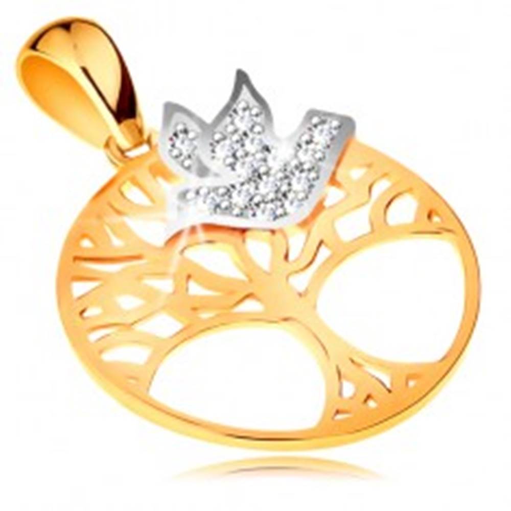 Šperky eshop Dvojfarebný prívesok zo zlata 585 - strom života v kruhu, číry zirkónový vtáčik