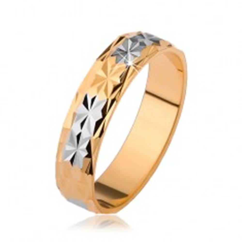 Šperky eshop Lesklá obrúčka s diamantovým vzorom, zlatý a strieborný odtieň - Veľkosť: 51 mm