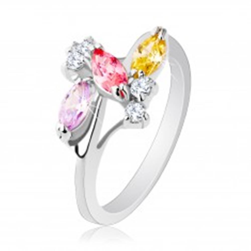 Šperky eshop Ligotavý prsteň s lesklými ramenami, strieborná farba, číre a farebné zirkóny - Veľkosť: 54 mm