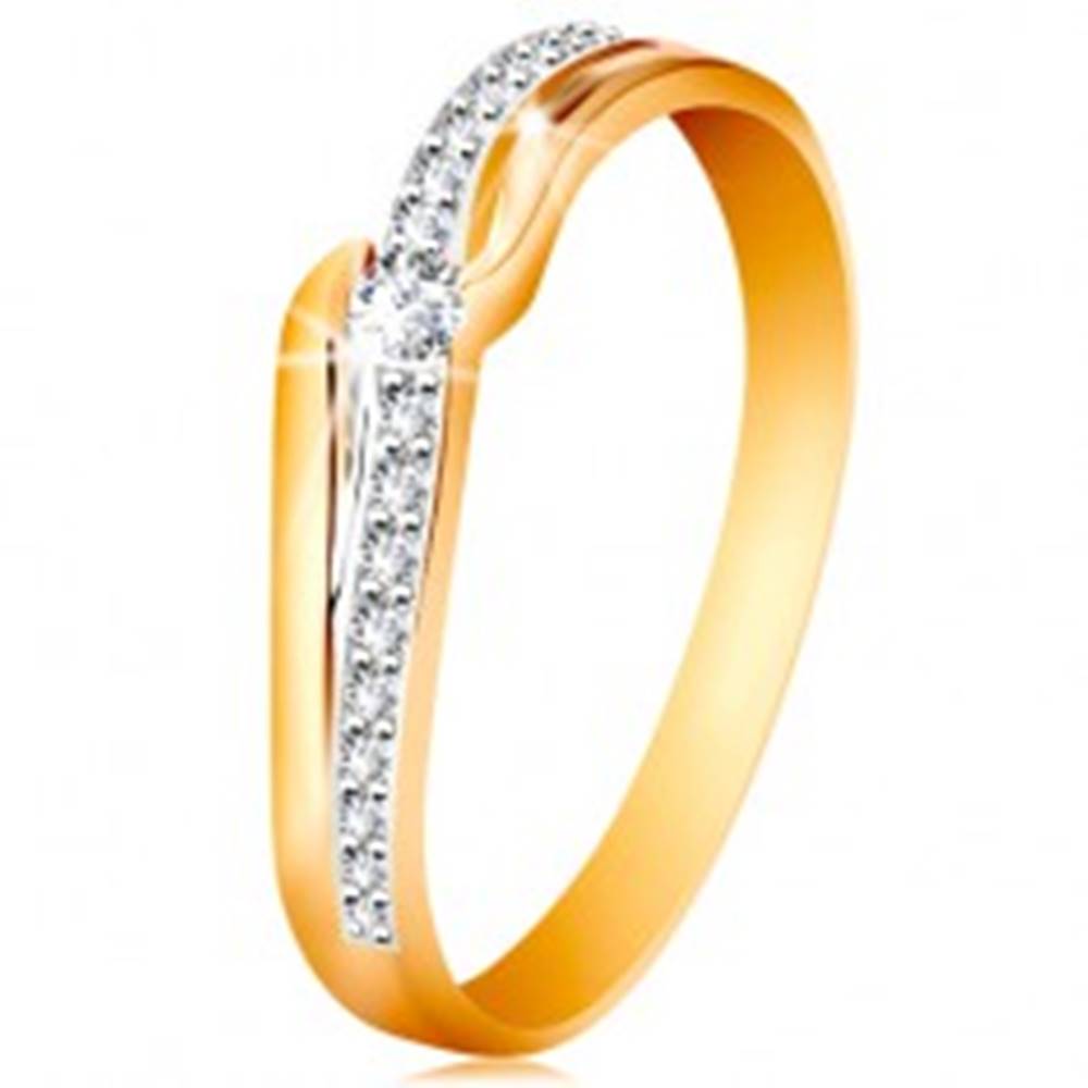 Šperky eshop Ligotavý zlatý prsteň 585 - číry zirkón medzi koncami ramien, zirkónová vlnka - Veľkosť: 49 mm
