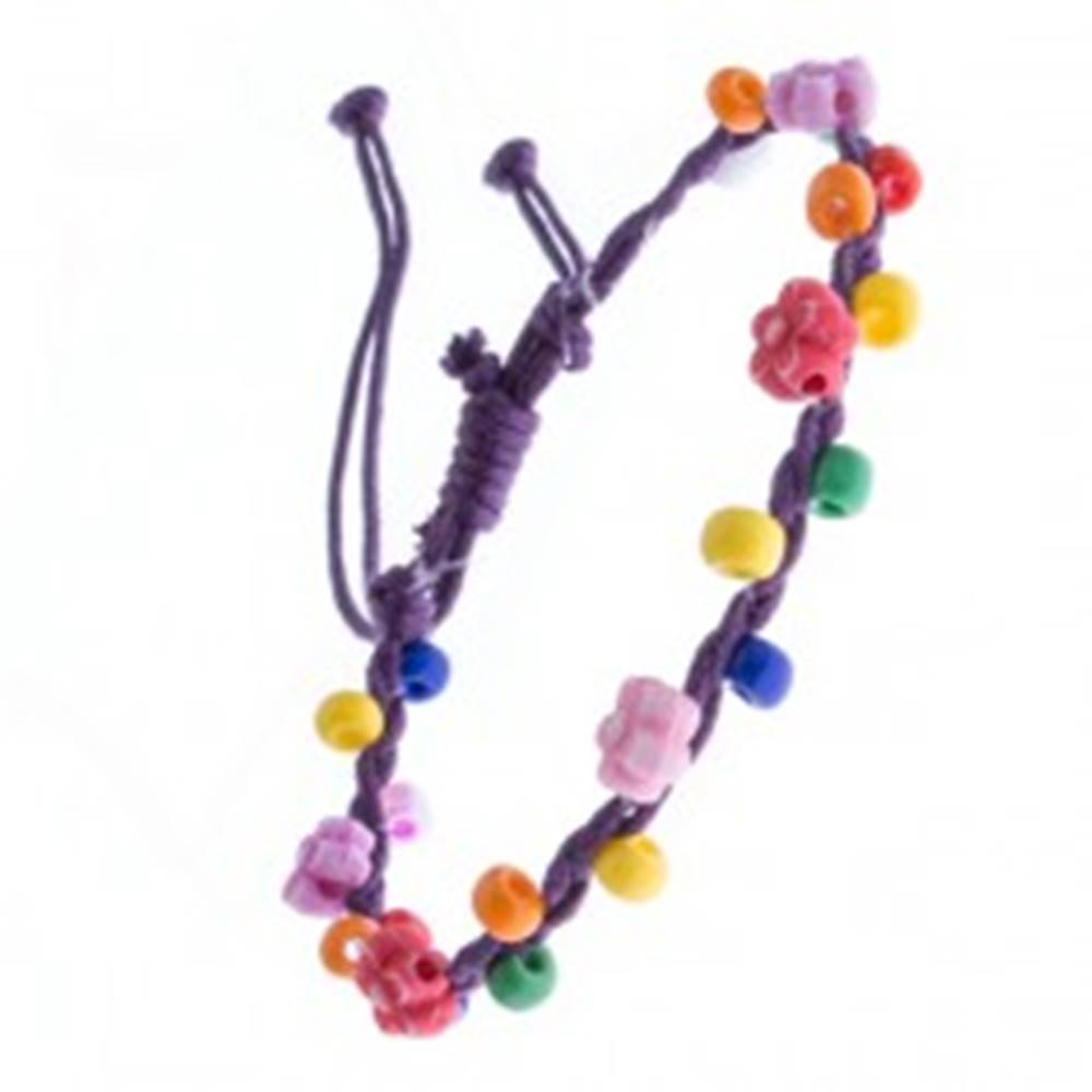 Šperky eshop Náramok z pletených šnúrok - fialový s kvietkami, korálky