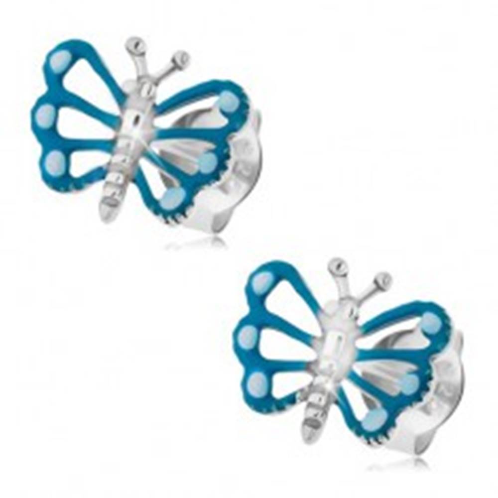 Šperky eshop Náušnice zo striebra 925, motýľ s modrými krídlami a lesklým telom