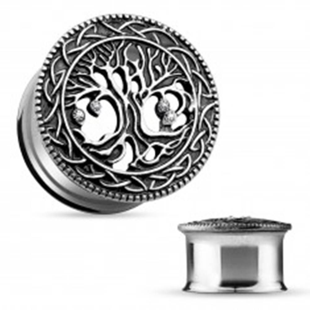 Šperky eshop Oceľový tunel do ucha, vyrezávaný košatý strom, čierna patina, číre zirkóny - Hrúbka: 10 mm