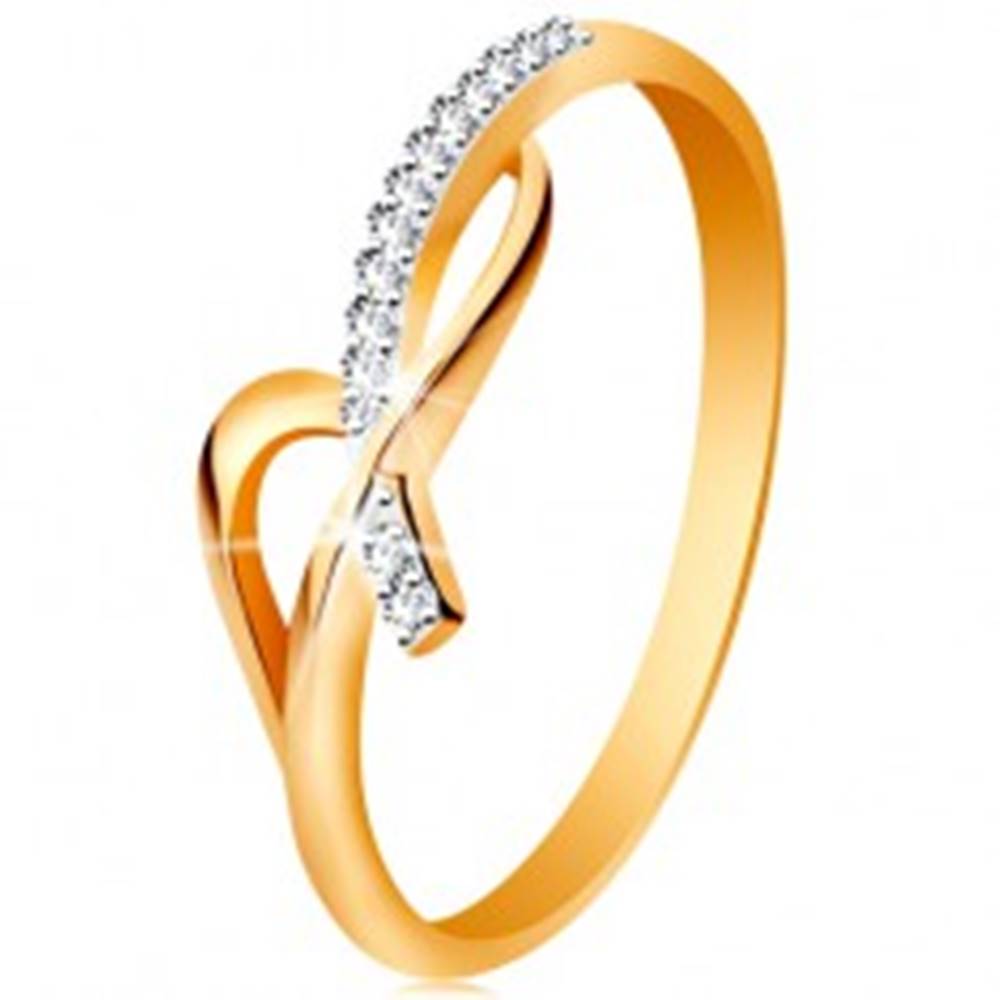 Šperky eshop Prsteň v 14K zlate - asymetricky prepletené ramená, okrúhle číre zirkóny - Veľkosť: 49 mm