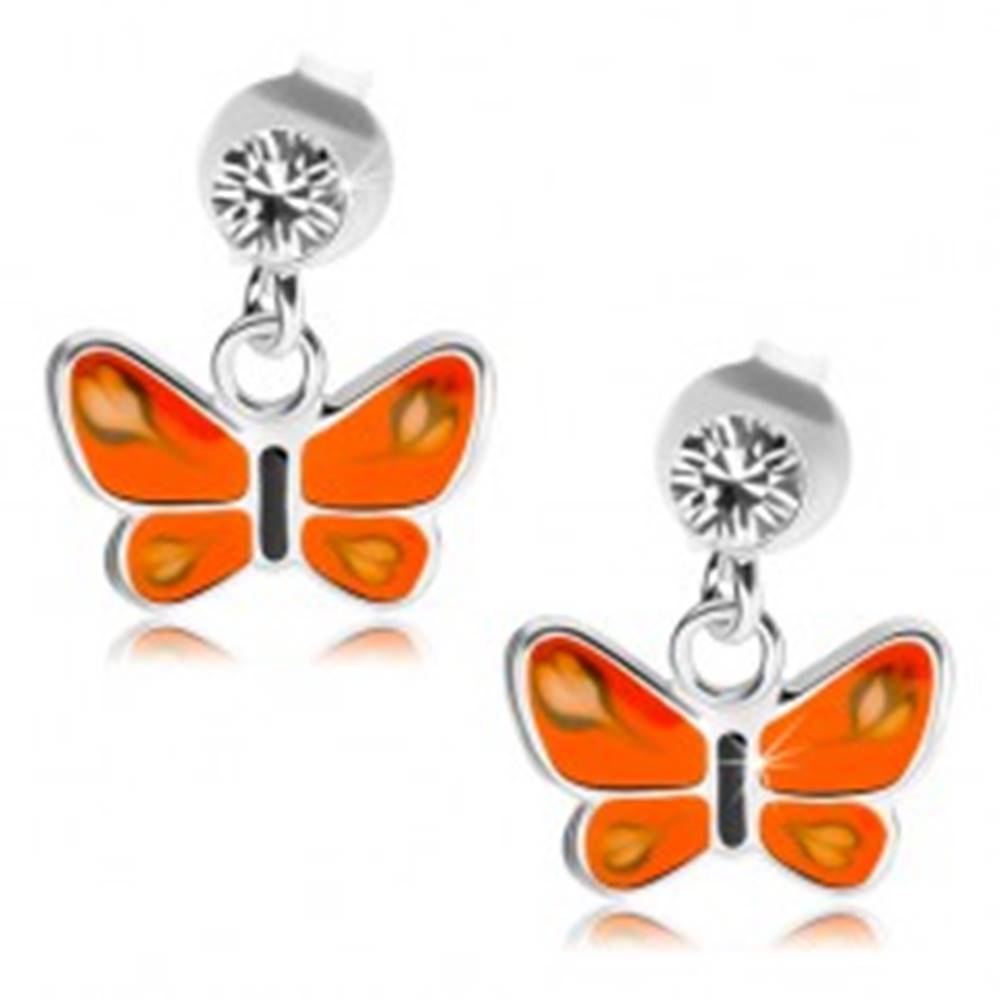 Šperky eshop Puzetové náušnice, striebro 925, číry krištáľ, motýľ s oranžovými krídlami