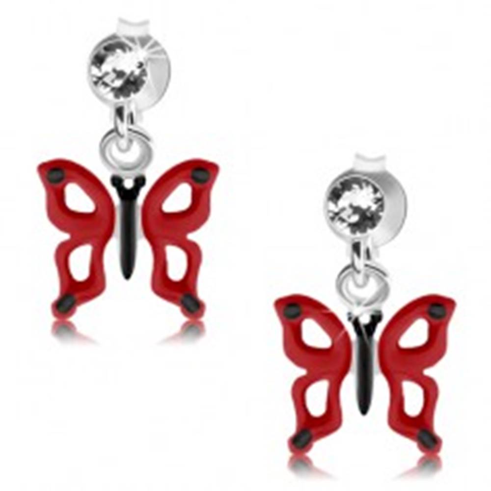 Šperky eshop Puzetové náušnice, striebro 925, číry krištáľ Swarovski, červeno-čierny motýľ