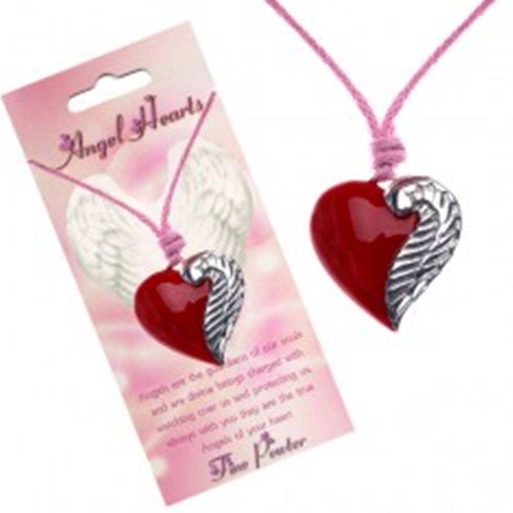Šperky eshop Šnúrkový náhrdelník s červeným príveskom srdca a krídlom