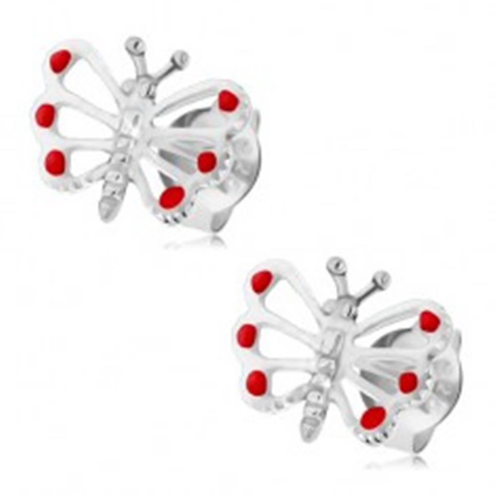 Šperky eshop Strieborné 925 náušnice, bielo-červený motýlik s vyrezávanými krídlami