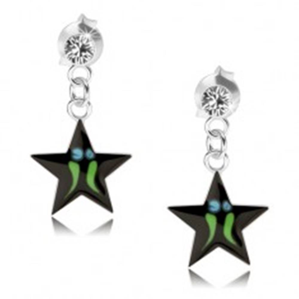 Šperky eshop Strieborné náušnice 925, čierna hviezda - zelené pásiky, číry Swarovski krištáľ