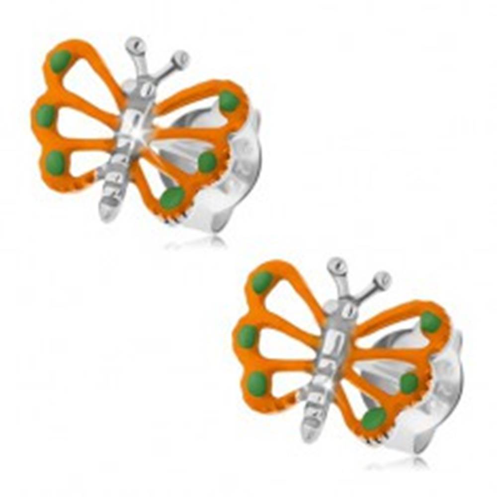 Šperky eshop Strieborné náušnice 925, oranžový motýlik s vyrezávanými krídlami