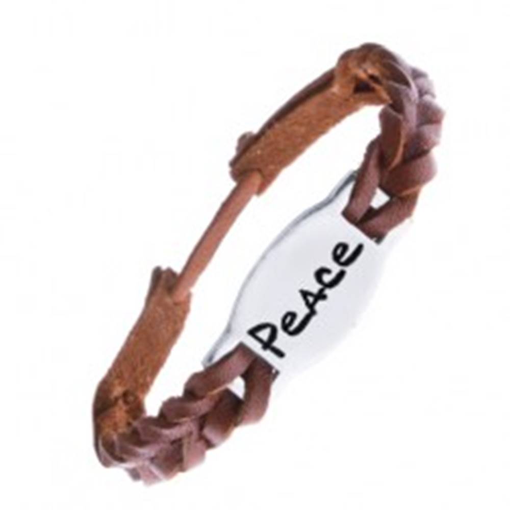 Šperky eshop Úzky pletený náramok z kože - karamelový, známka "PEACE"