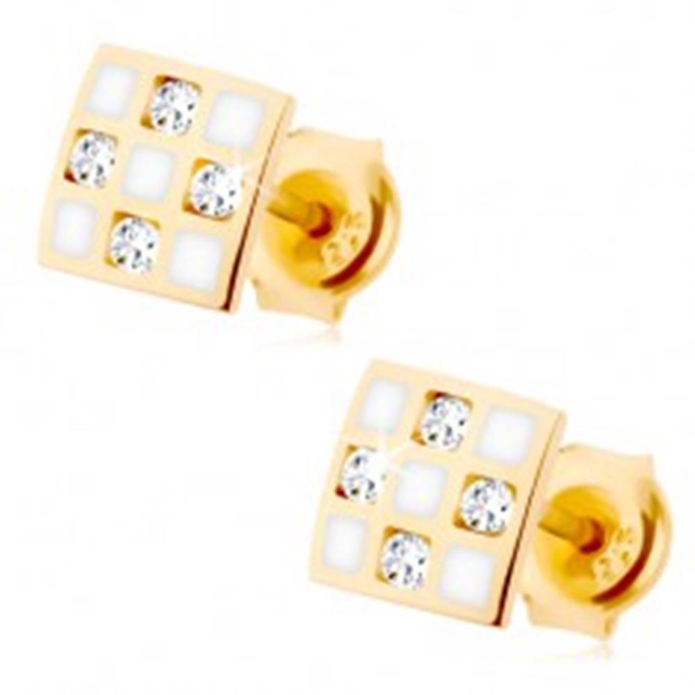 Šperky eshop Zlaté náušnice 375 - štvorček so šachovnicou, číre zirkóniky, biela glazúra