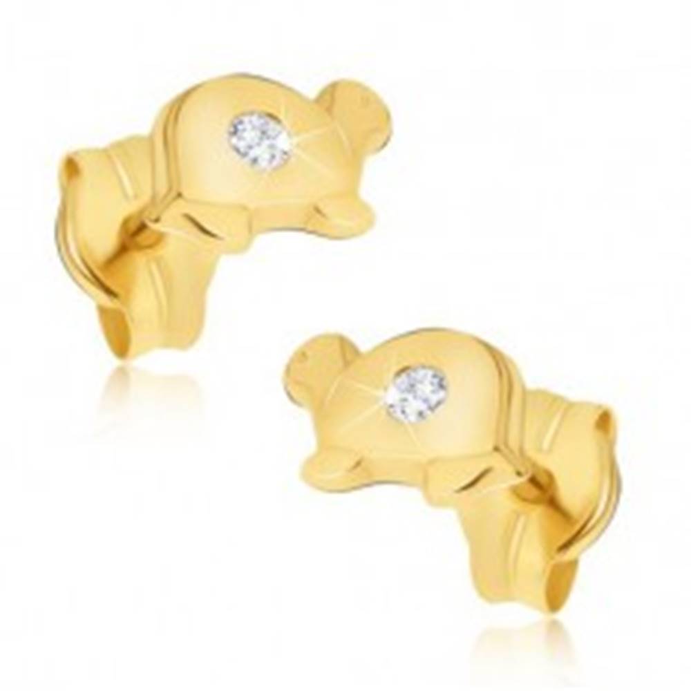 Šperky eshop Zlaté náušnice 585 - malé lesklé korytnačky s čírym briliantom na pancieri