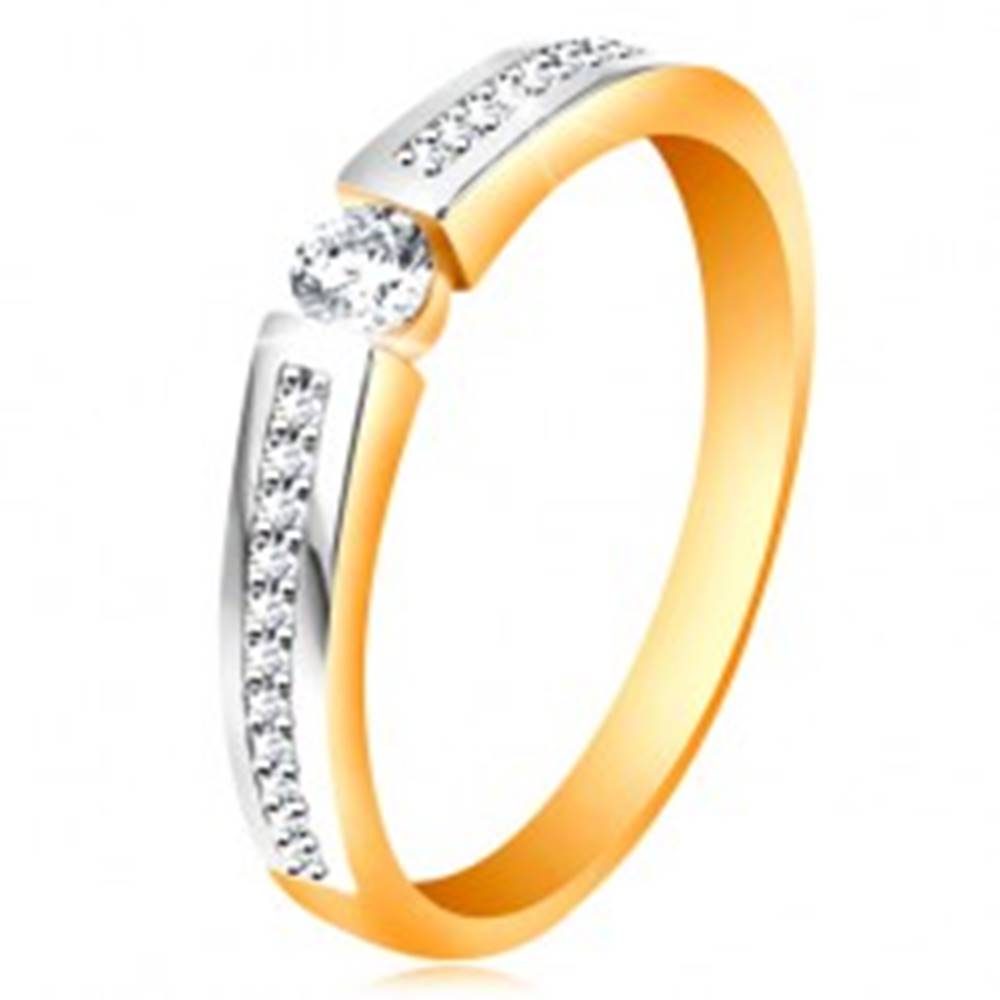 Šperky eshop Zlatý 14K prsteň s lesklými dvojfarebnými ramenami, číre zirkóny - Veľkosť: 48 mm