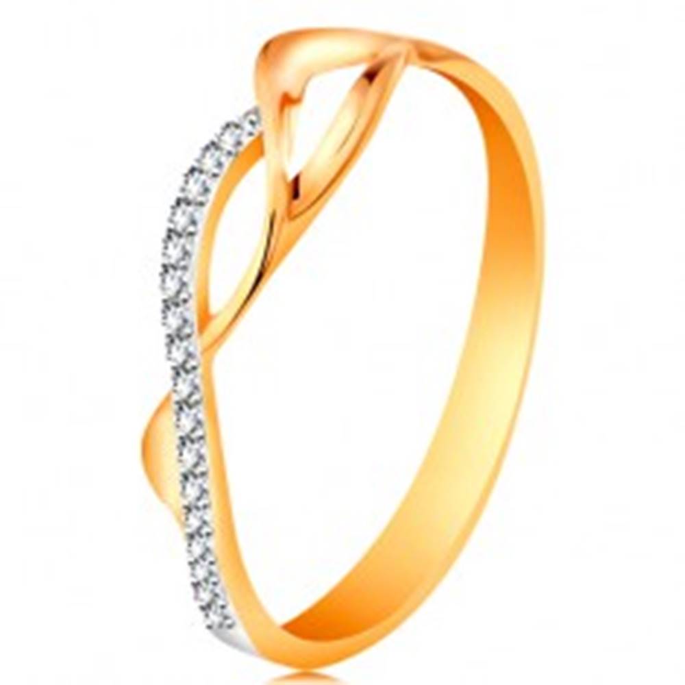 Šperky eshop Zlatý prsteň 585 - asymetricky prepletené vlnky - dve hladké a jedna zirkónová - Veľkosť: 49 mm