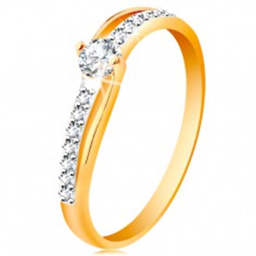 Šperky eshop Zlatý prsteň 585 s rozdelenými dvojfarebnými ramenami, číre zirkóny - Veľkosť: 49 mm