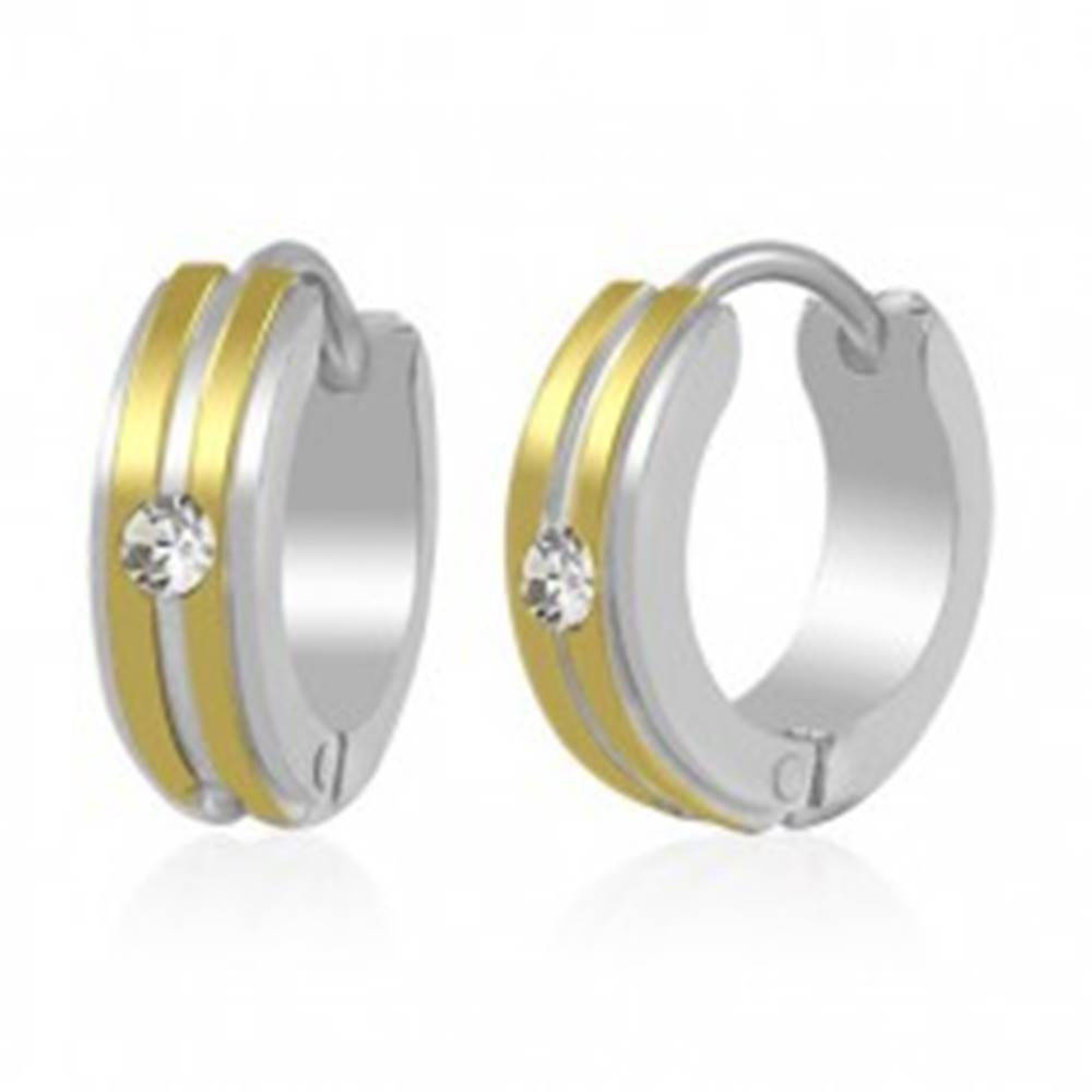 Šperky eshop Dvojfarebné oceľové náušnice - krúžky, dva pruhy zlatej farby a číry zirkón